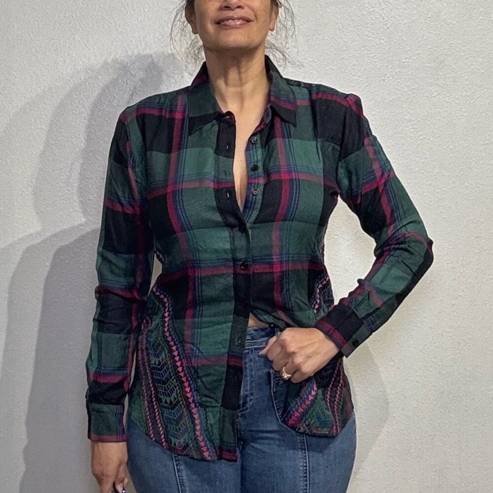 Tolani Collection Harlow Forest Green Plaid Blouse Sz XXS NWT